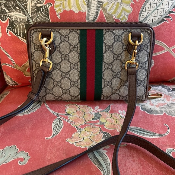 Gucci Ophidia Double Zip Crossbody Bag GG Coated Canvas Small Brown - Picture 2 of 8